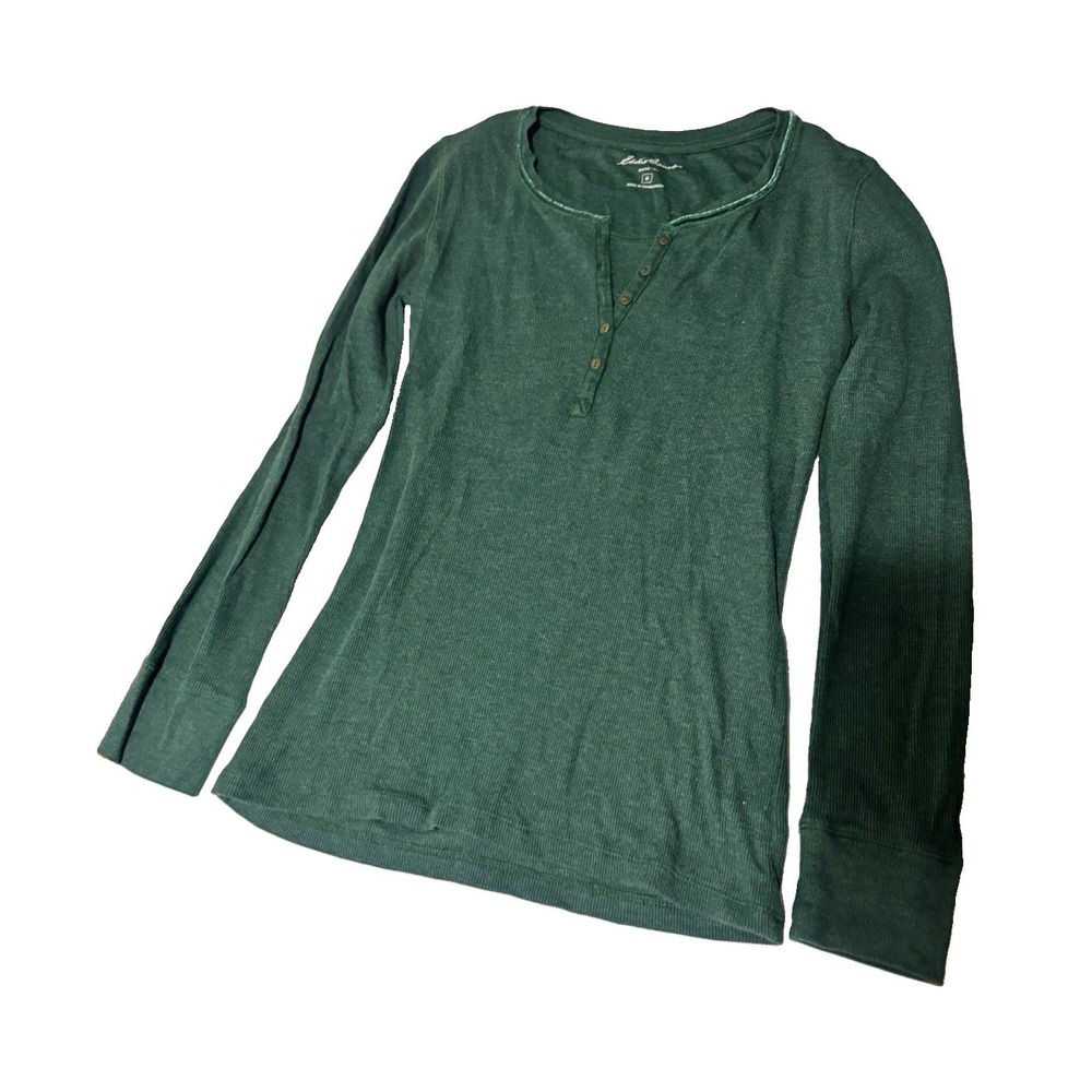 Eddie Bauer Women's M Green Solid Knit Henley Long Sleeve Button T-Shirt